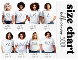 Size chart for white t-shirts with measurements on a white background